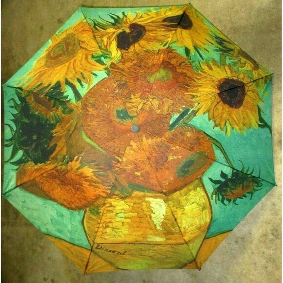 Sunflowers Van Gogh Print Compact Travel Rain Umbrella Unisex Gold Turquoise NWT - Picture 1 of 7